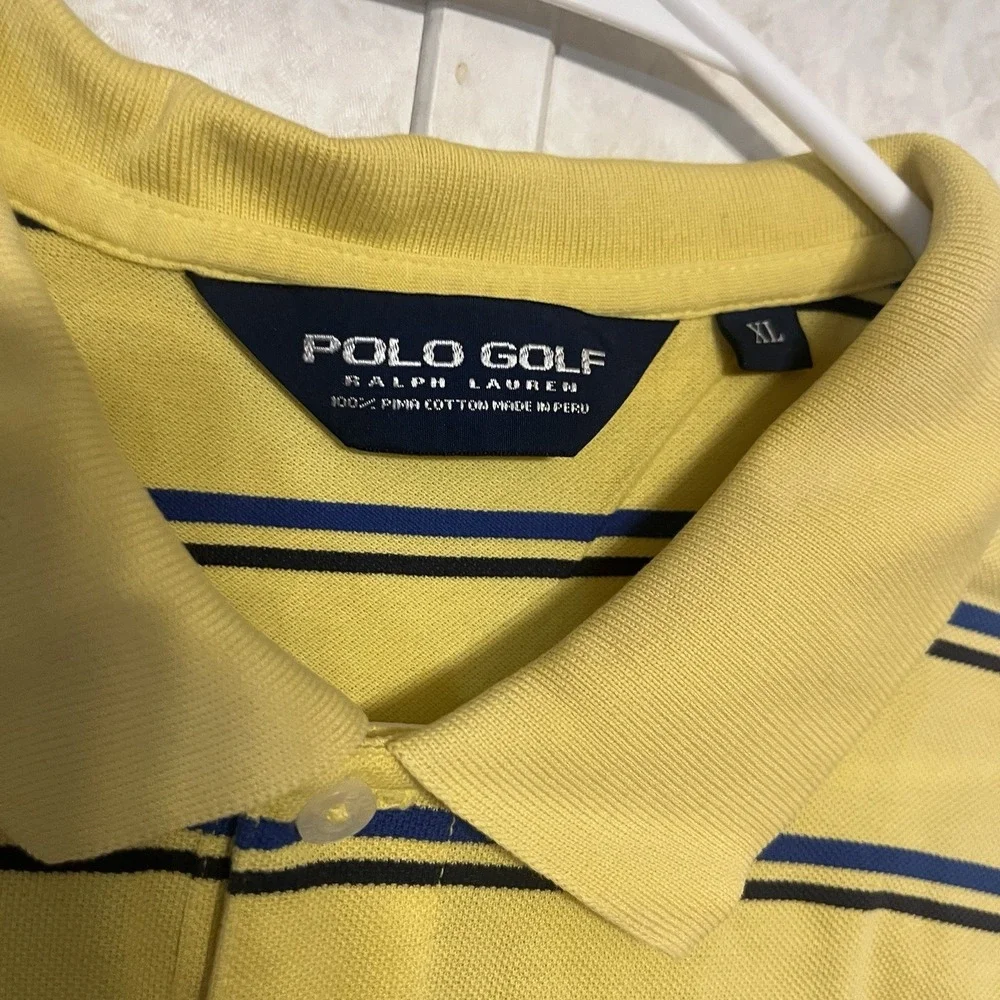 Polo Ralph Lauren Polo Golf Shirt Men XL Yellow Short Sleeve Blue‎ Striped